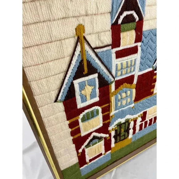 VTG Bernat Victorian Home Framed Needlepoint Crewel Wall Art 17"x21" Handmade - Picture 8 of 12